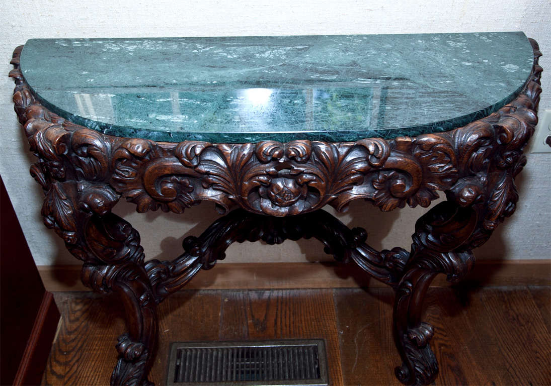 Irish, Carved Oak Console with Marble Top In Excellent Condition In Woodbury, CT