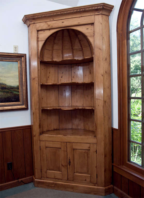 English cabinetmakers worked extensively with pine and this corner cupboard is a fine example of the kind of the excellence of their craft. Its arched barrel back and raised panel doors give it a certain formal appearance, transcending the medium in