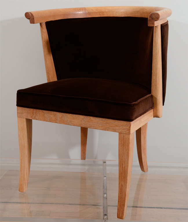 Eight neoclassical barrel chairs by ROmwebber. The finish is a lightly limed oak with velvet upholstery.