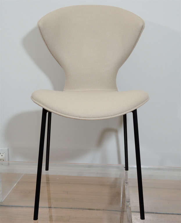 Ten rare sculptural chairs in felt wool over bent plywood with iron base by French designer Geneviene Dangle for Burov. The flexibility of the bent plywood seat adds an elevated comfort to this piece. Measures: Seat H 18
