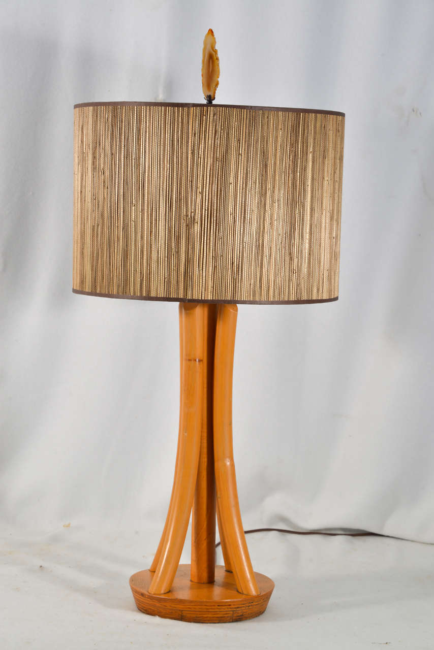 1950s, Michael Thonet style, bentwood table lamp, Mid-Century Modern shown with a grass cloth drum shade and sliced agate finial. Priced with lampshade and finial.