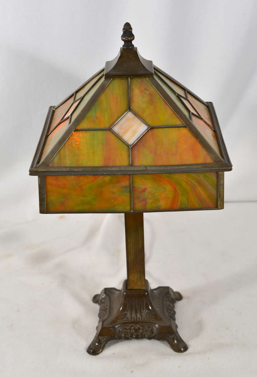 Bronze 1930's Arts & Crafts Leaded Glass Shade and lamp,