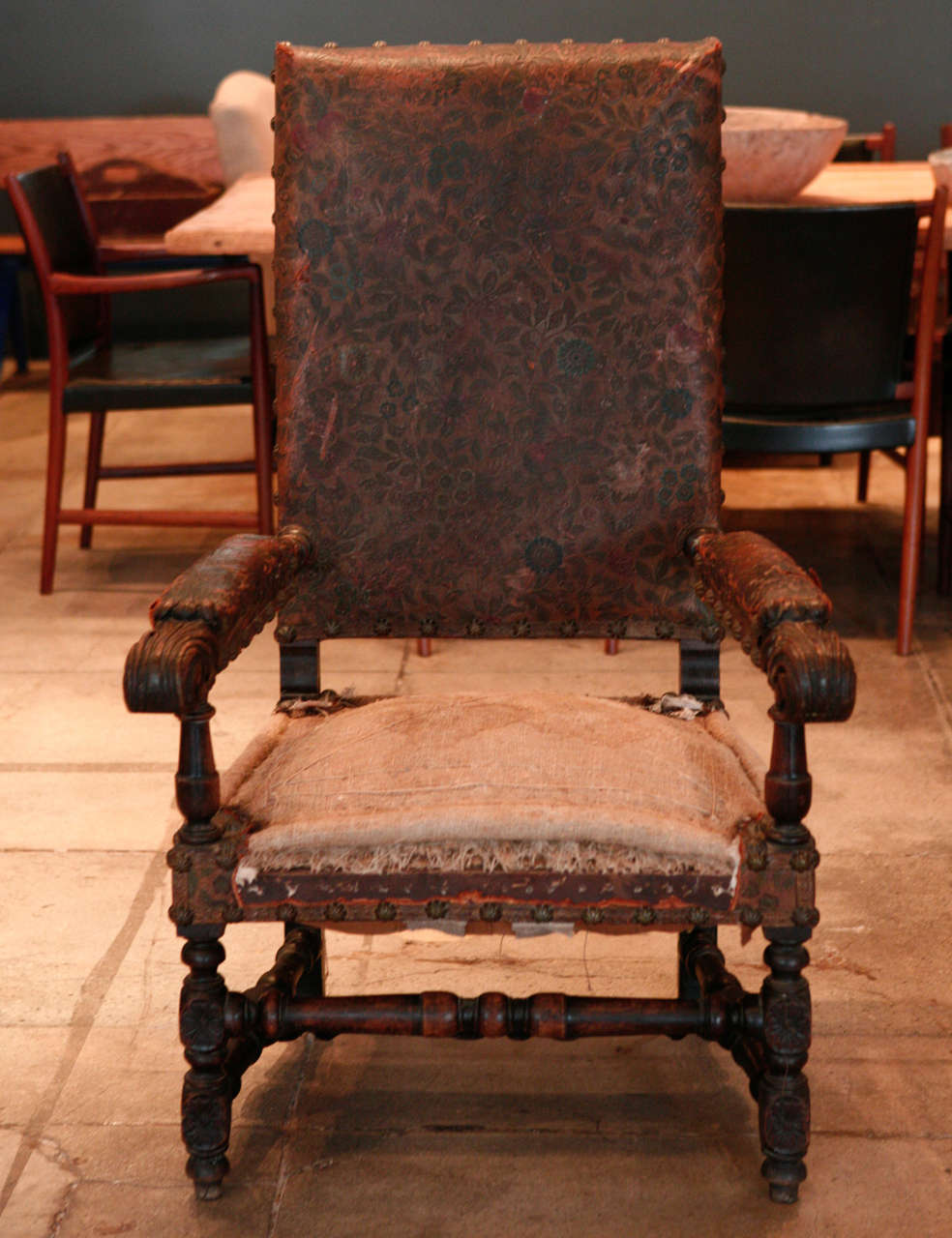 Hall Chair in Tooled Leather , Sweden 19th c.