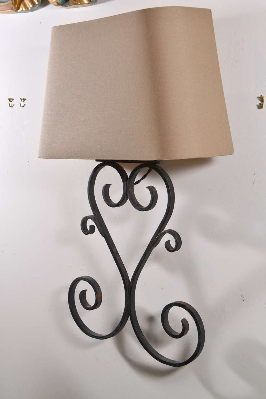 French Pair of Iron Sconces and Shades