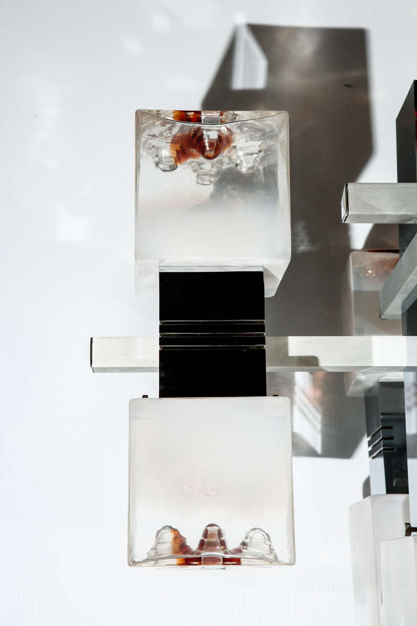 Italian Pair of Stylized Mazzega Cubed Glass Chandeliers