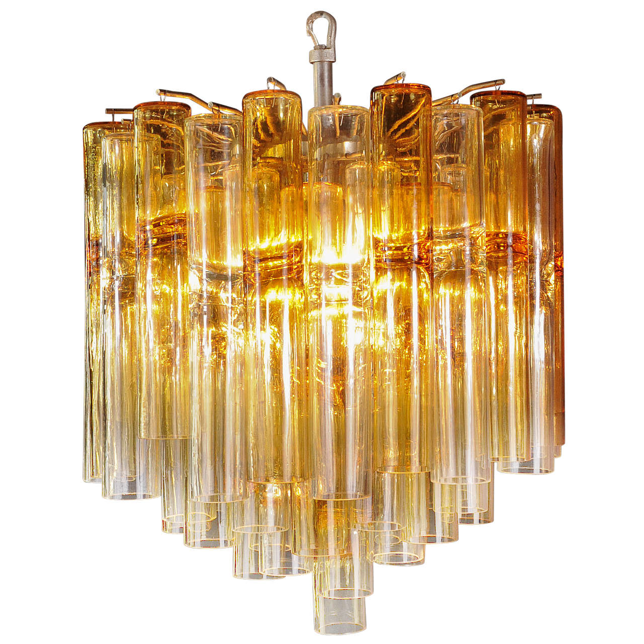 Venini Four-Tier Chandelier with Amber Murano Glass Tubes