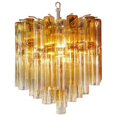 Vintage Venini Four-Tier Chandelier with Amber Murano Glass Tubes