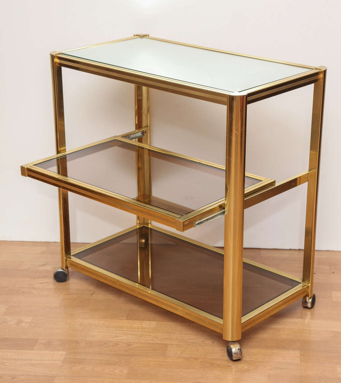 French Modernist Brass and Glass Rolling Bar Cart, circa 1960s For Sale