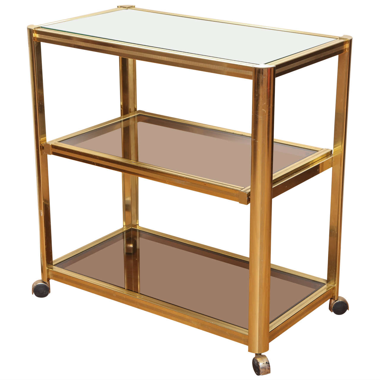 Modernist Brass and Glass Rolling Bar Cart, circa 1960s For Sale