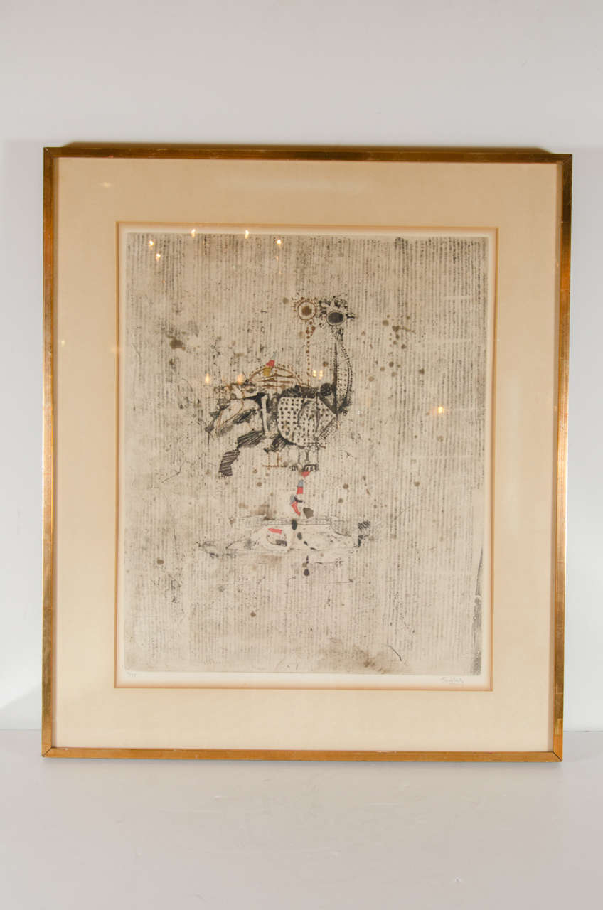 This is an exceptional hand colored aquatinted etching by the renown artist Johnny Friedlande (1912 - 1992 ). It is hand signed by the artist  and numbered 59 of 95 and features original 24k yellow gold frame.