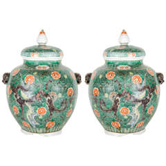 Exquisite Pair of Chinese Porcelain Covered Urns with Foo Dog Handles