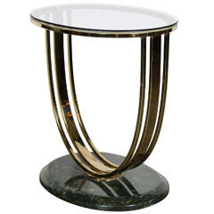Modernist U-Form Oval Occasional Table with Brass Banding and Exotic Marble Base
