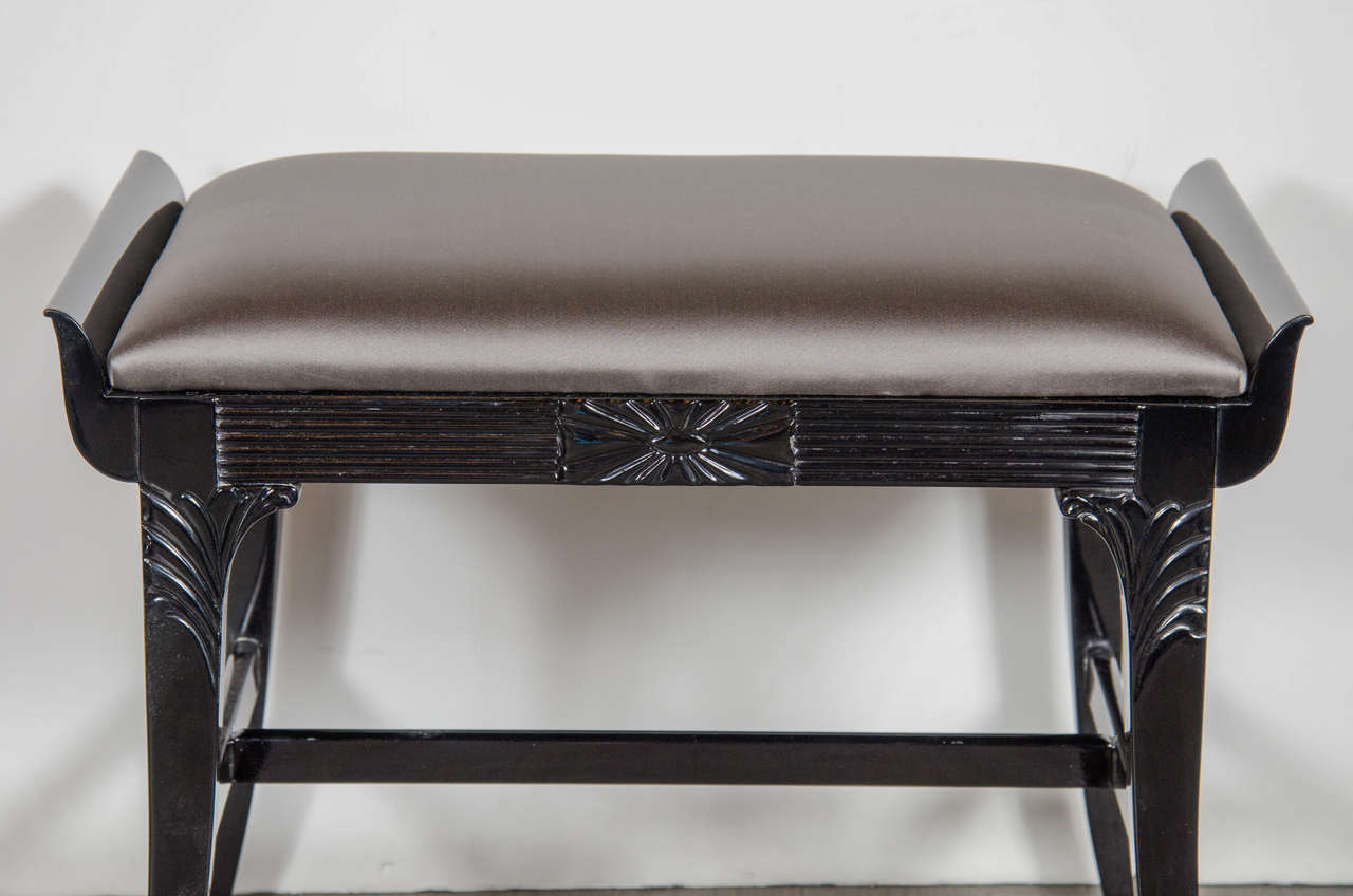 Hollywood Regency 1940s Hollywood Hand-Carved Bench or Stool by Grosfeld House in Ebonized Walnut