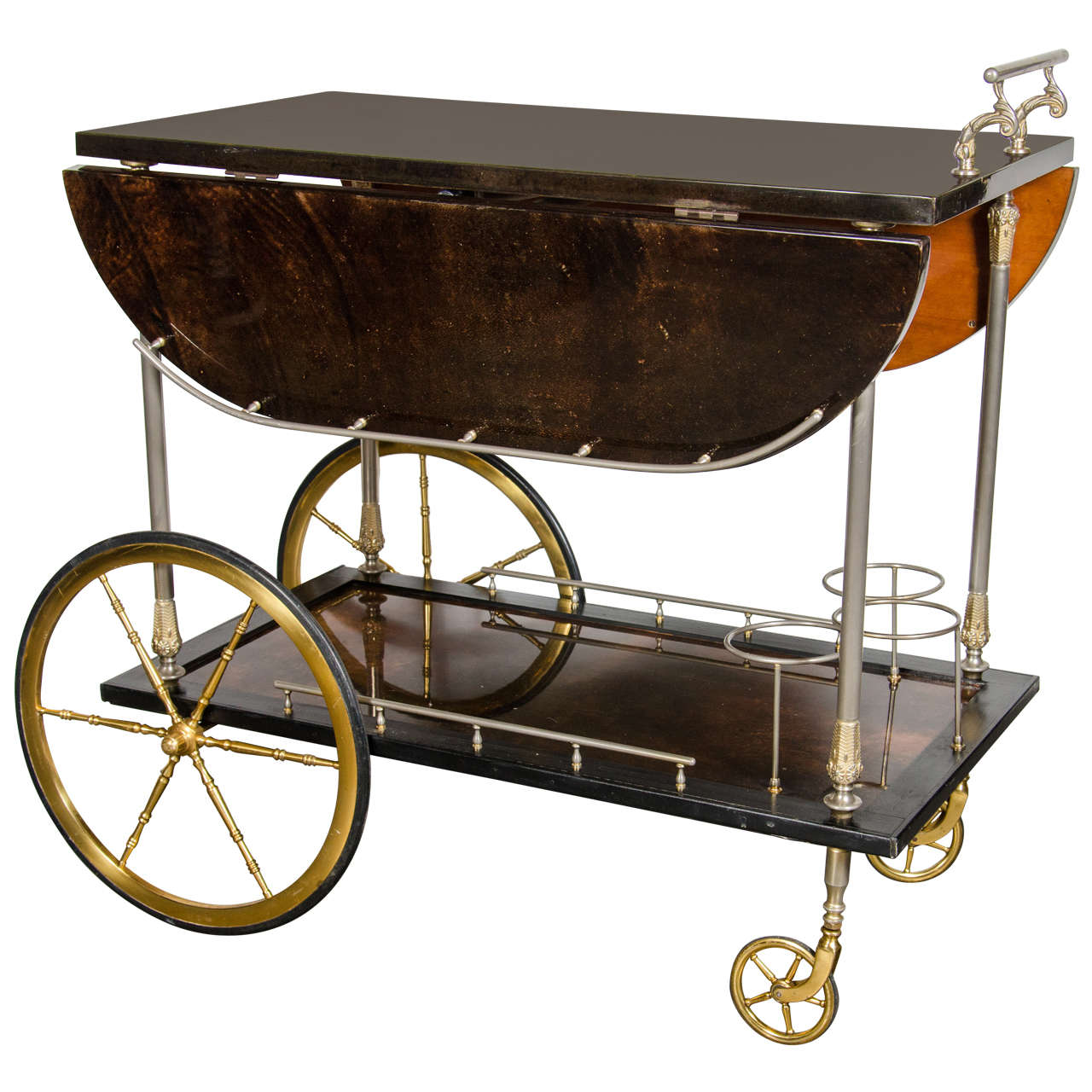 Luxe Lacquered Goat Skin Bar or Serving Cart by Aldo Tura with Brass Fittings