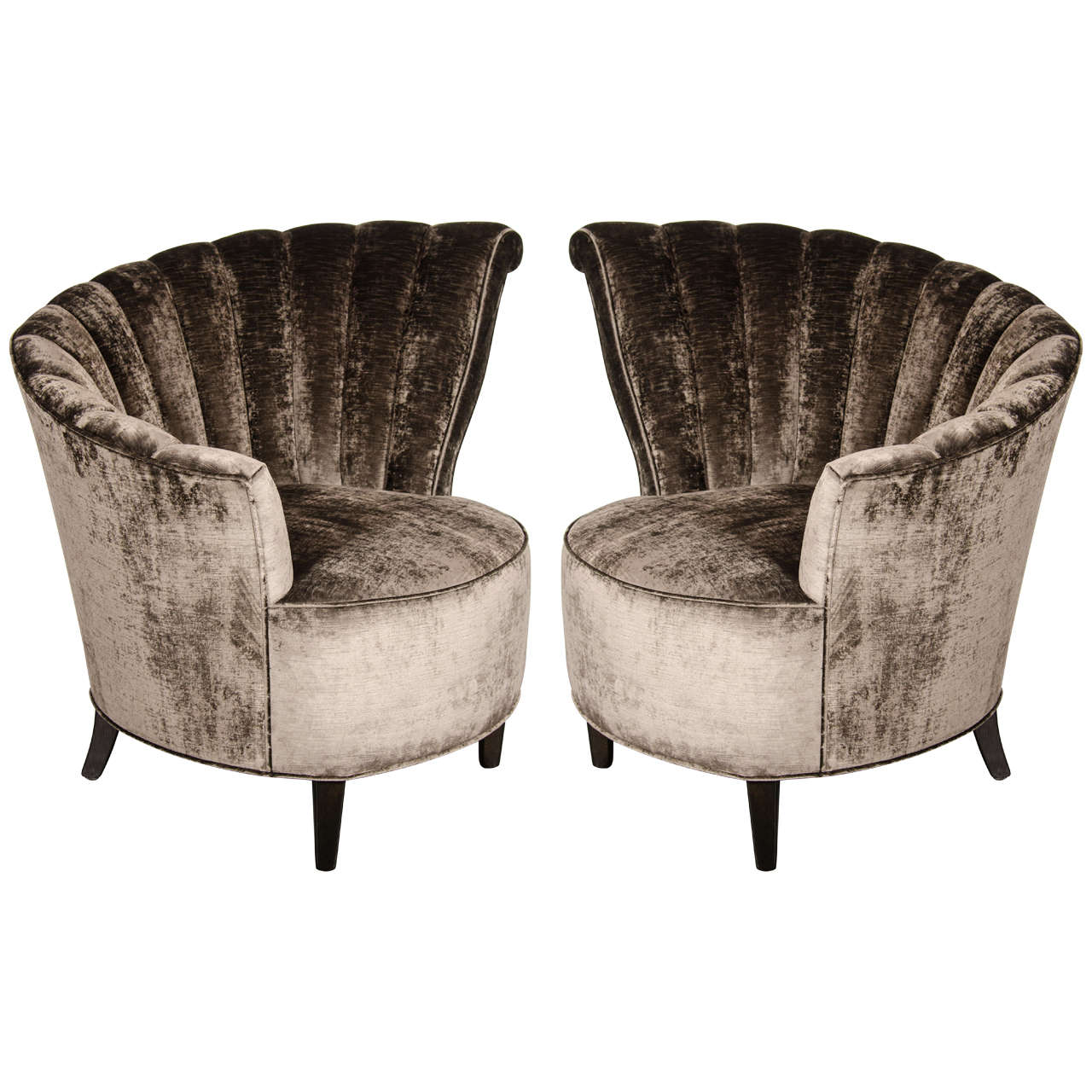 Glamorous  Pair of 1940's  Asymmetrical Fan Back Chairs in Smoked Velvet