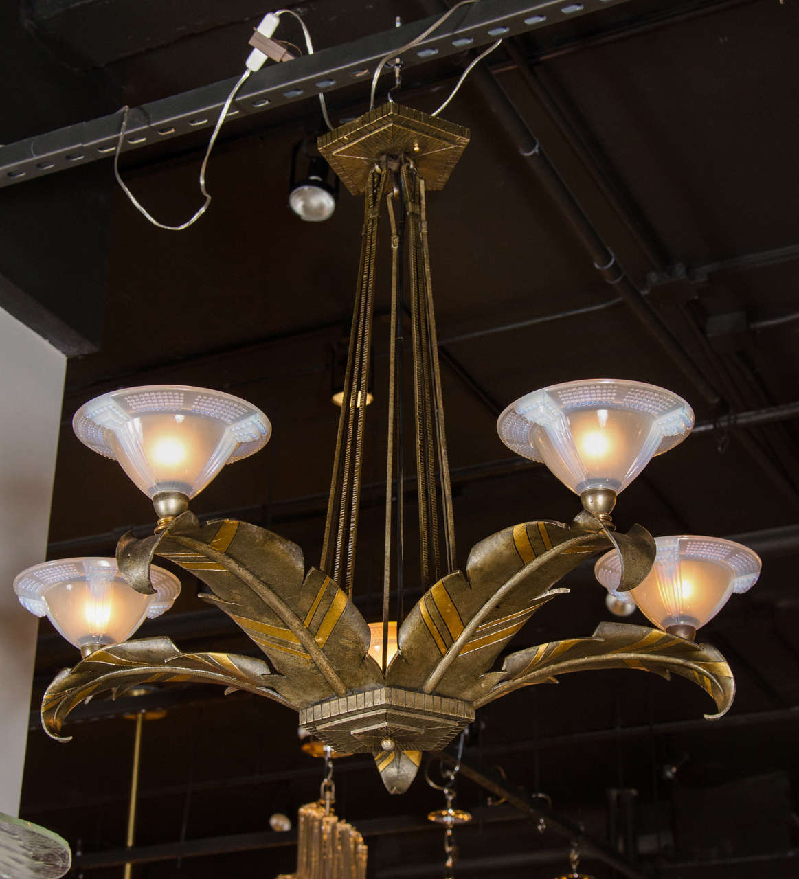 Art Deco Palm Chandelier by Sabino in Bronze with Gilt Detailing