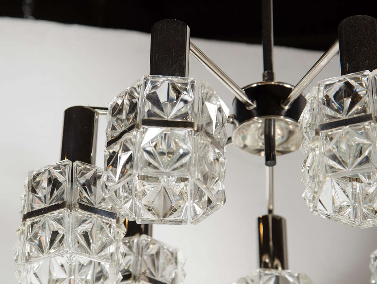 Mid-Century Modernist Seven Globe Faceted Crystal Chandelier by Kinkeldey In Excellent Condition In New York, NY