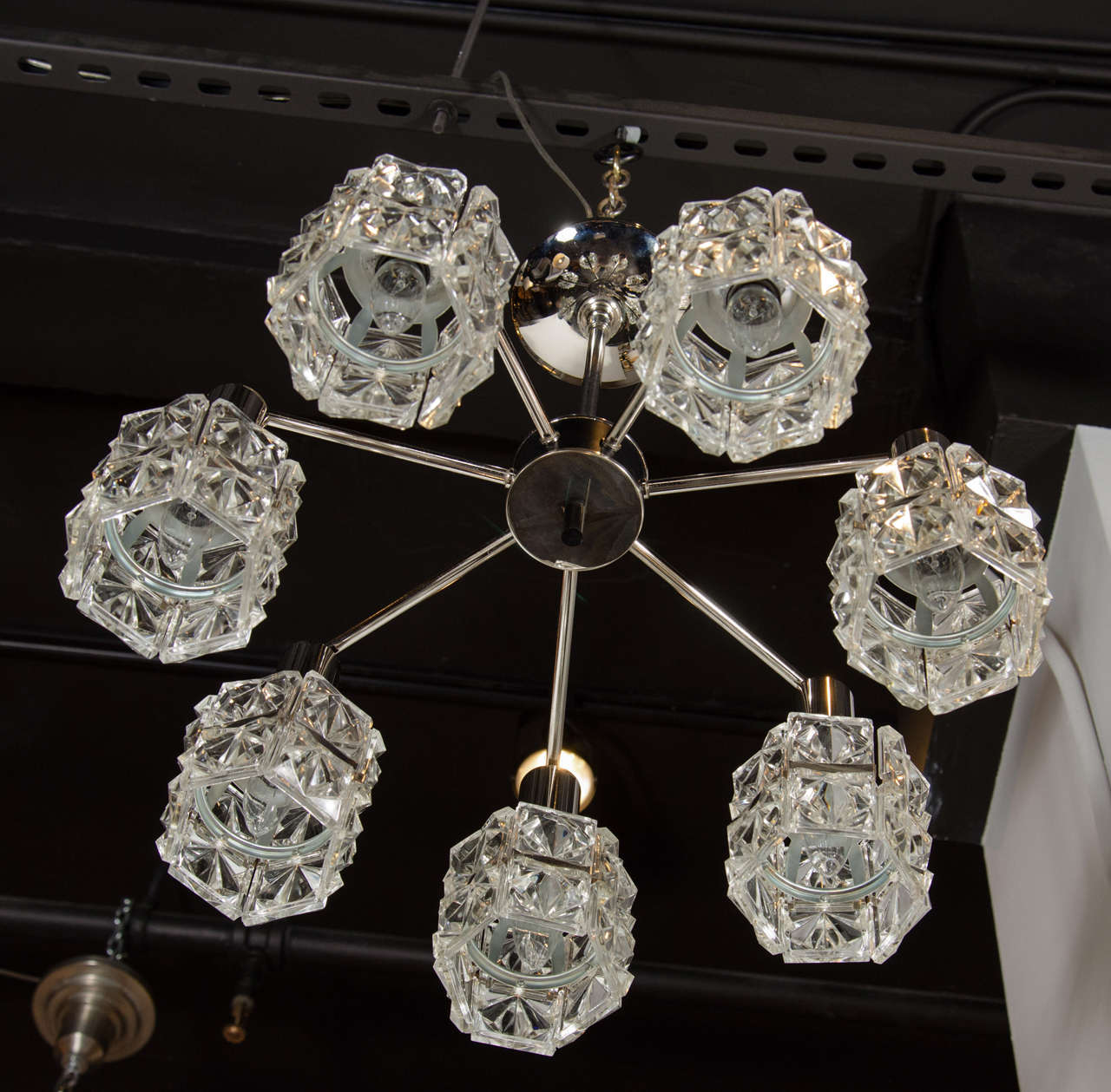 20th Century Mid-Century Modernist Seven Globe Faceted Crystal Chandelier by Kinkeldey