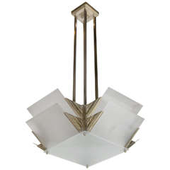 Art Deco Skyscraper Style Chandelier in Nickeled Bronze and Frosted Glass
