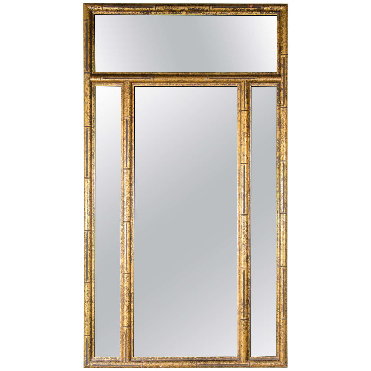 Mid-Century Modern Stylized Gilt Bamboo Design Mirror with Smoked Inset