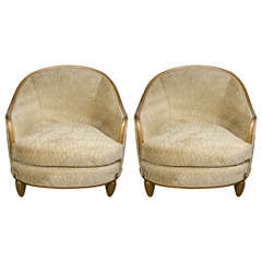 Rare and Superb Pair of Art Deco Gilt Wood Club Chairs by Sue Et Mare
