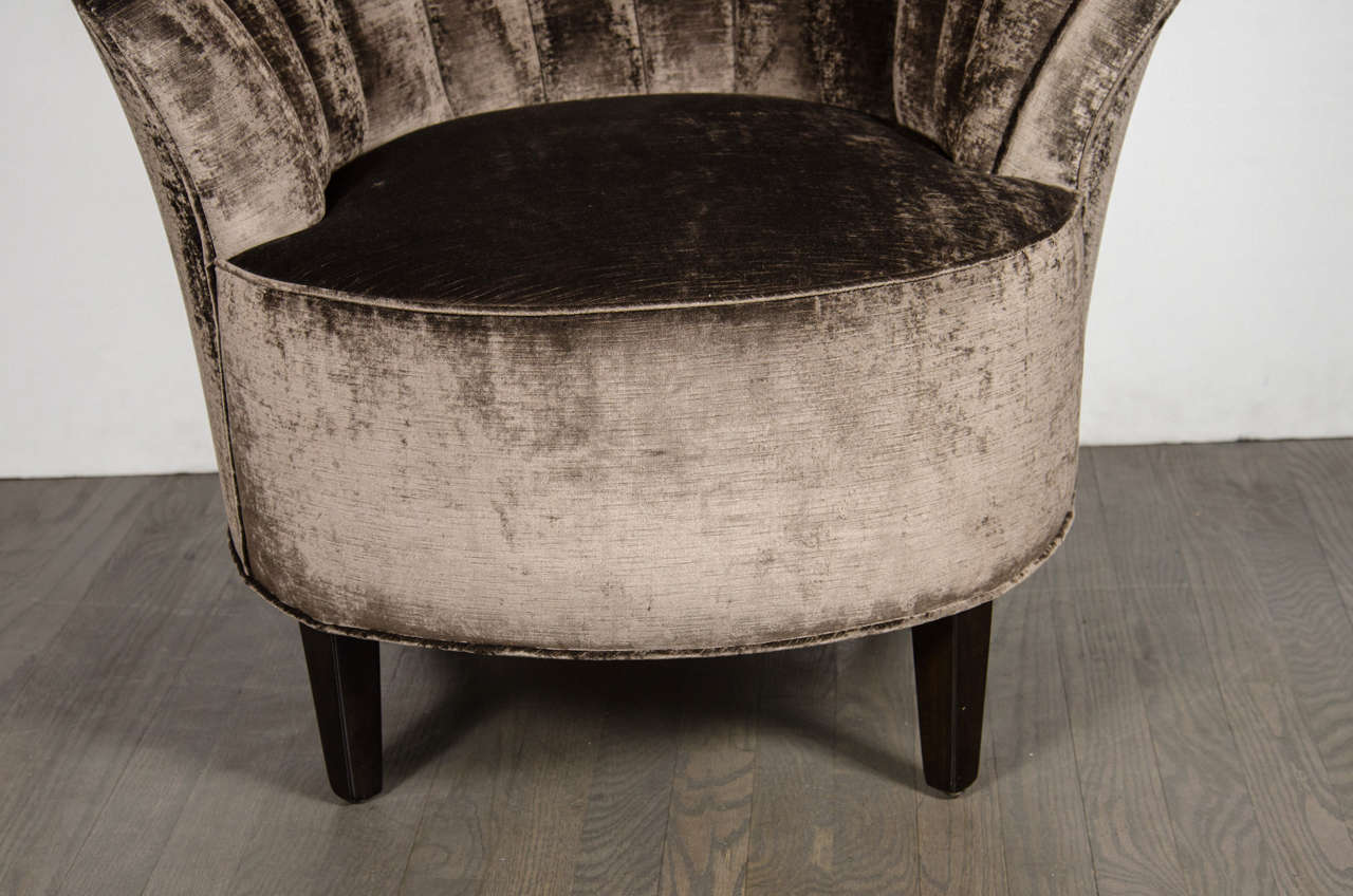 Glamorous Pair of 1940's Asymmetrical Fan Back Chairs in Smoked Velvet