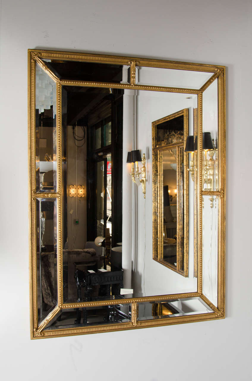 MidCentury Modern Gilt Mirror with Inset Beveled Panels at 1stDibs