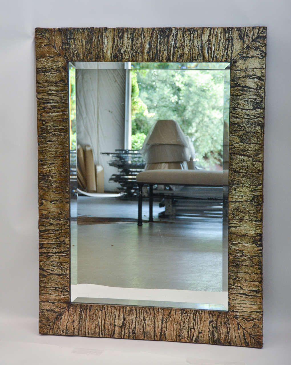 Mica Bark mirror with discreet flecks of gold enlivening the sealed frame of beveled mirror glass.