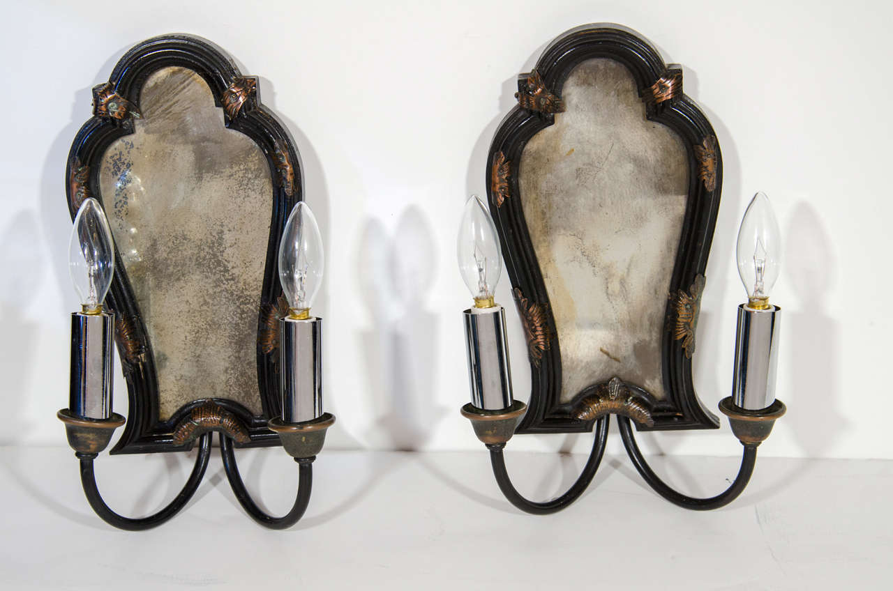 Pair of Antique Mirrored Hollywood Regency Sconces