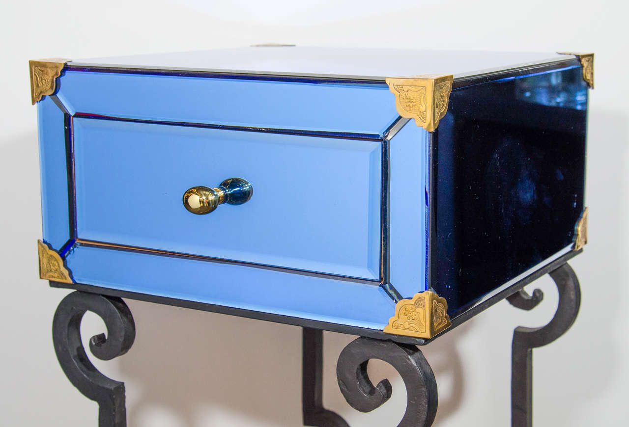 Mid-20th Century Pair of Exquisite Venetian Sapphire Mirrored and Wrought Iron End Tables