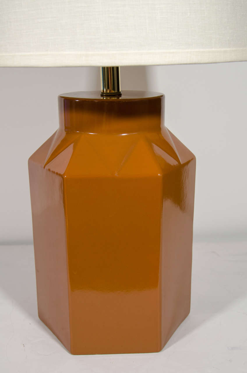 American Pair of Mid Century Cognac Glazed Ceramic Lamps with Hexagon Design