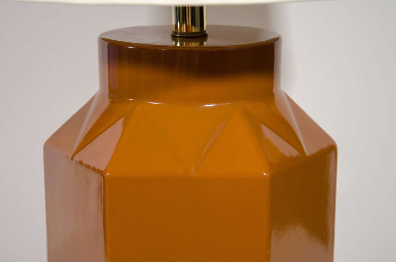Pair of Mid Century Cognac Glazed Ceramic Lamps with Hexagon Design 1