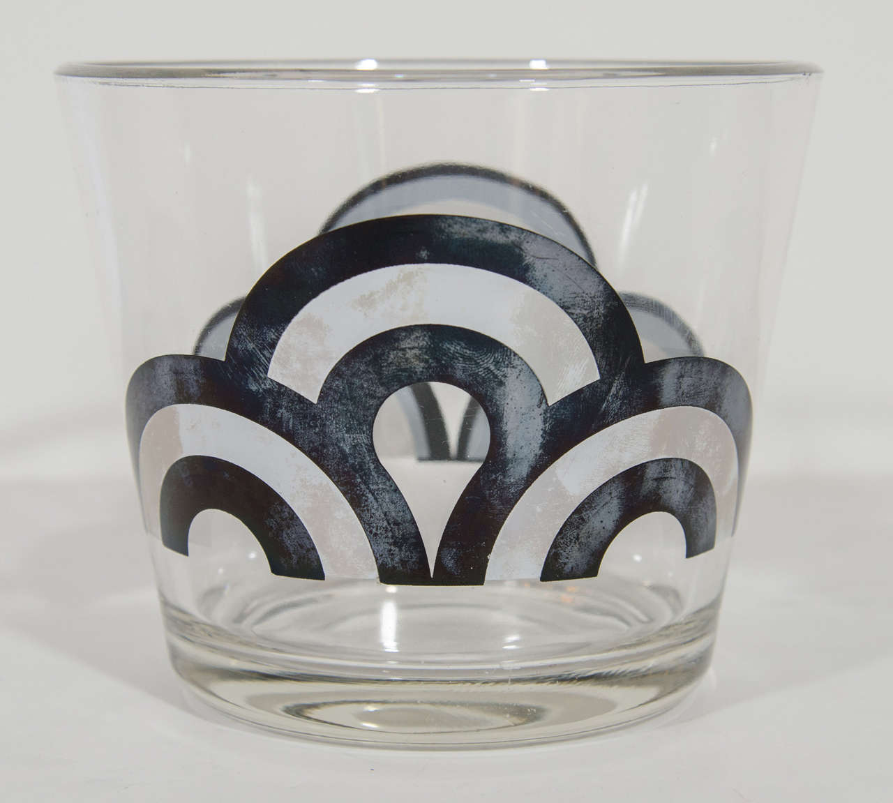 Mid-Century Modern handblown glass wine cooler or ice bucket with stylized geometric pattern designs in black and white. Smaller scale and a great addition to any period or contemporary barware collection.