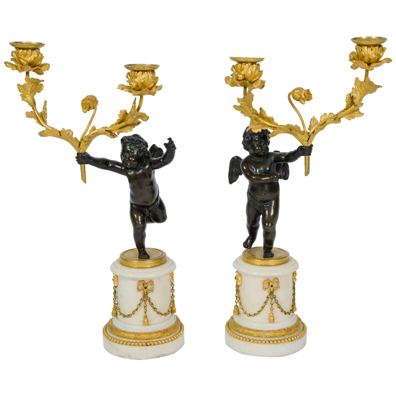 Pair of Late 18th Century French Bronze Ormolu and Marble Candelabra For Sale