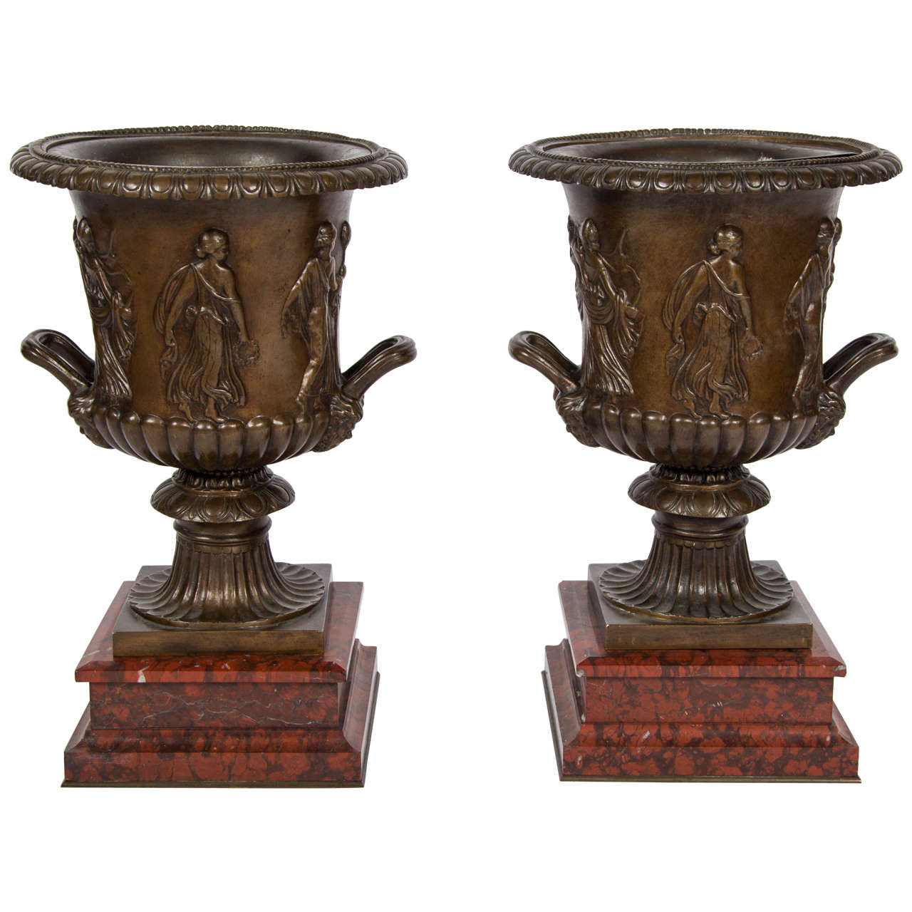 Pair of 19th Century Bronze "Borghese" Vases on Red Marble Plinths For Sale
