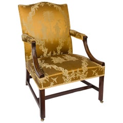 18th Century Mahogany "Gainsborough" Chair with Chinoiserie Silk on Castors