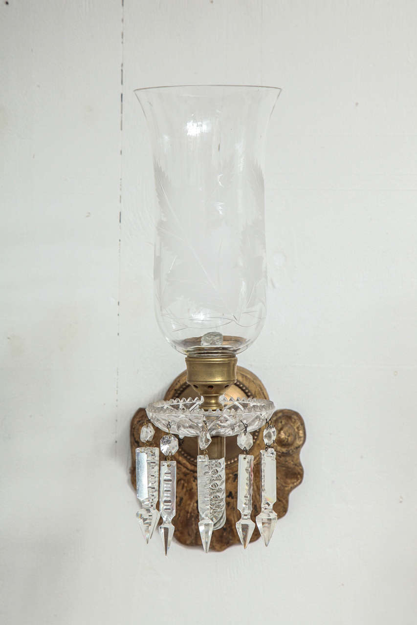 Antique Crystal Glass Arms with 21st Century Glass Fluted Globes and Backplates