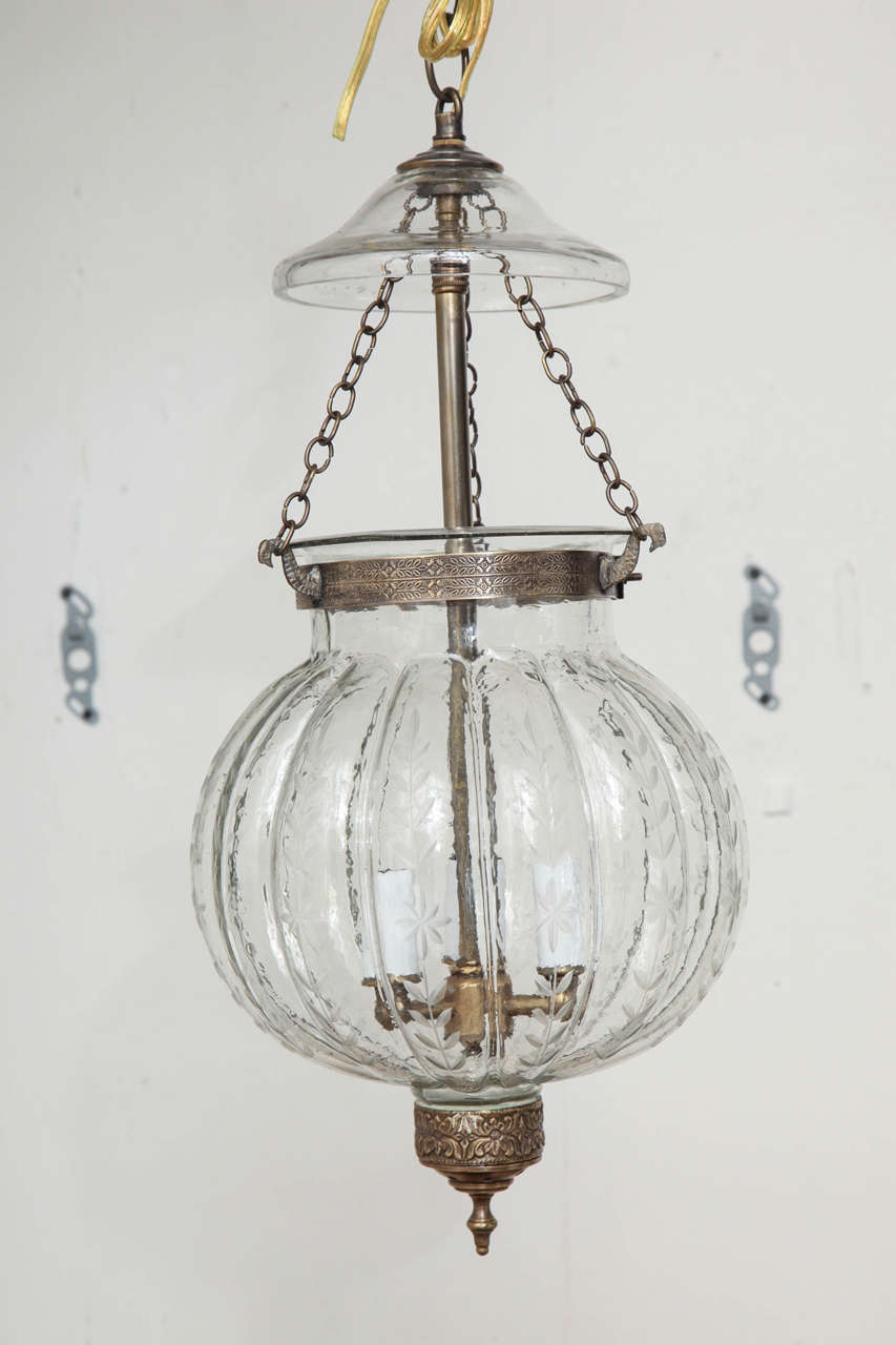 handblown glass etched pumpkin belljar with brass elements in an antique finish.Price includes non-ulwiring.Extra for Ulwiring.