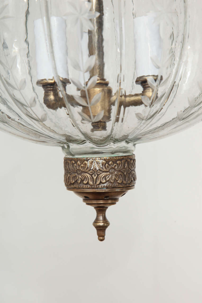 Blown Glass 21st c etched pumpkin belljar lantern with a decorative brass knob For Sale