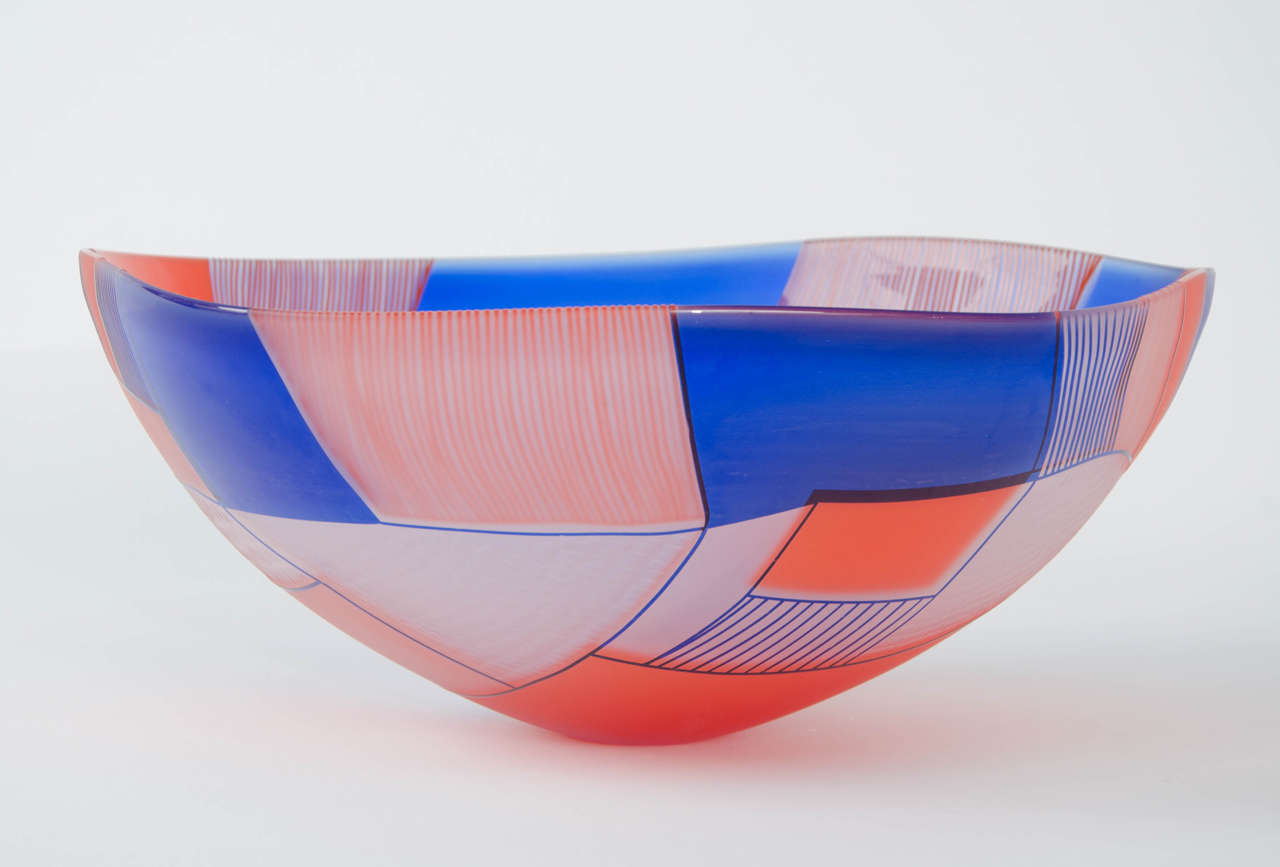 Landscape Study Blue Over Red bowl, is a unique centerpiece / bowl by Kate Jones of Gilles Jones. Hand blown and engraved art glass, all handmade in the UK. 

Gillies Jones established their partnership in 1995 with a shared passion to explore blown