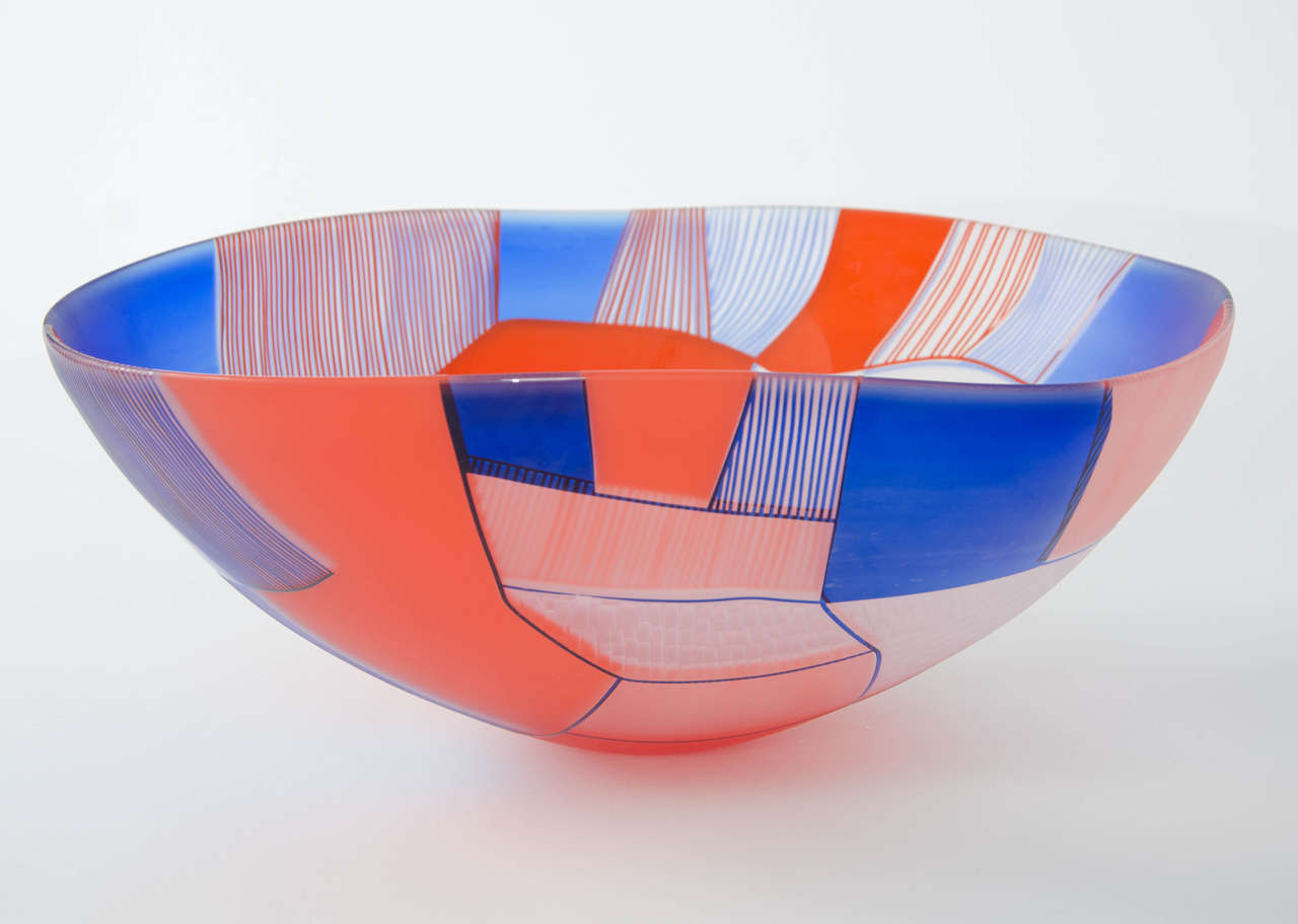 Modern Landscape Study Blue Over Red bowl, art glass centrepiece by Kate Jones 