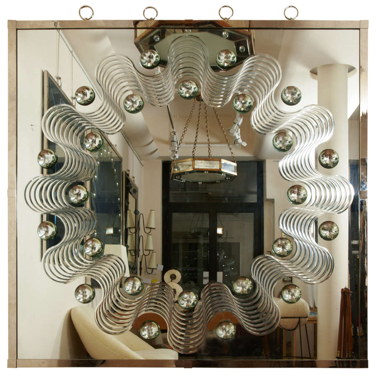 Spectacular Large Bubble Mirror with Engraved Wave Design For Sale