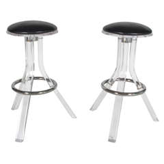 Two Lucite Tripod Bar Stools