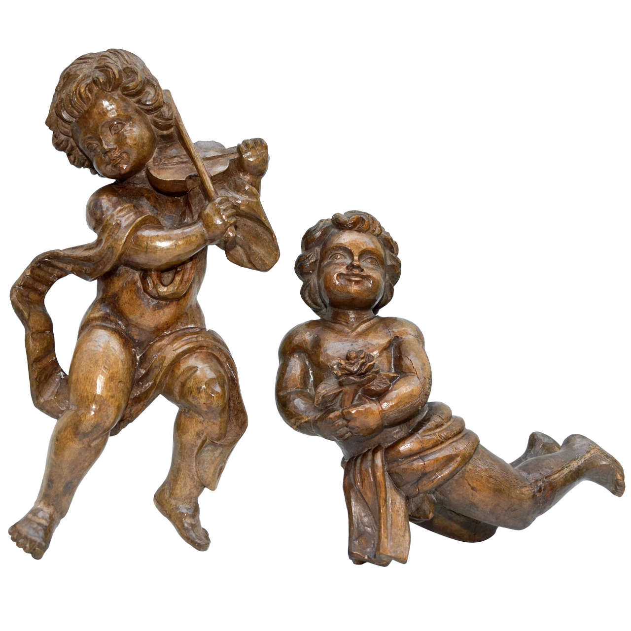 Pair Of Carved Wood Angels For Sale