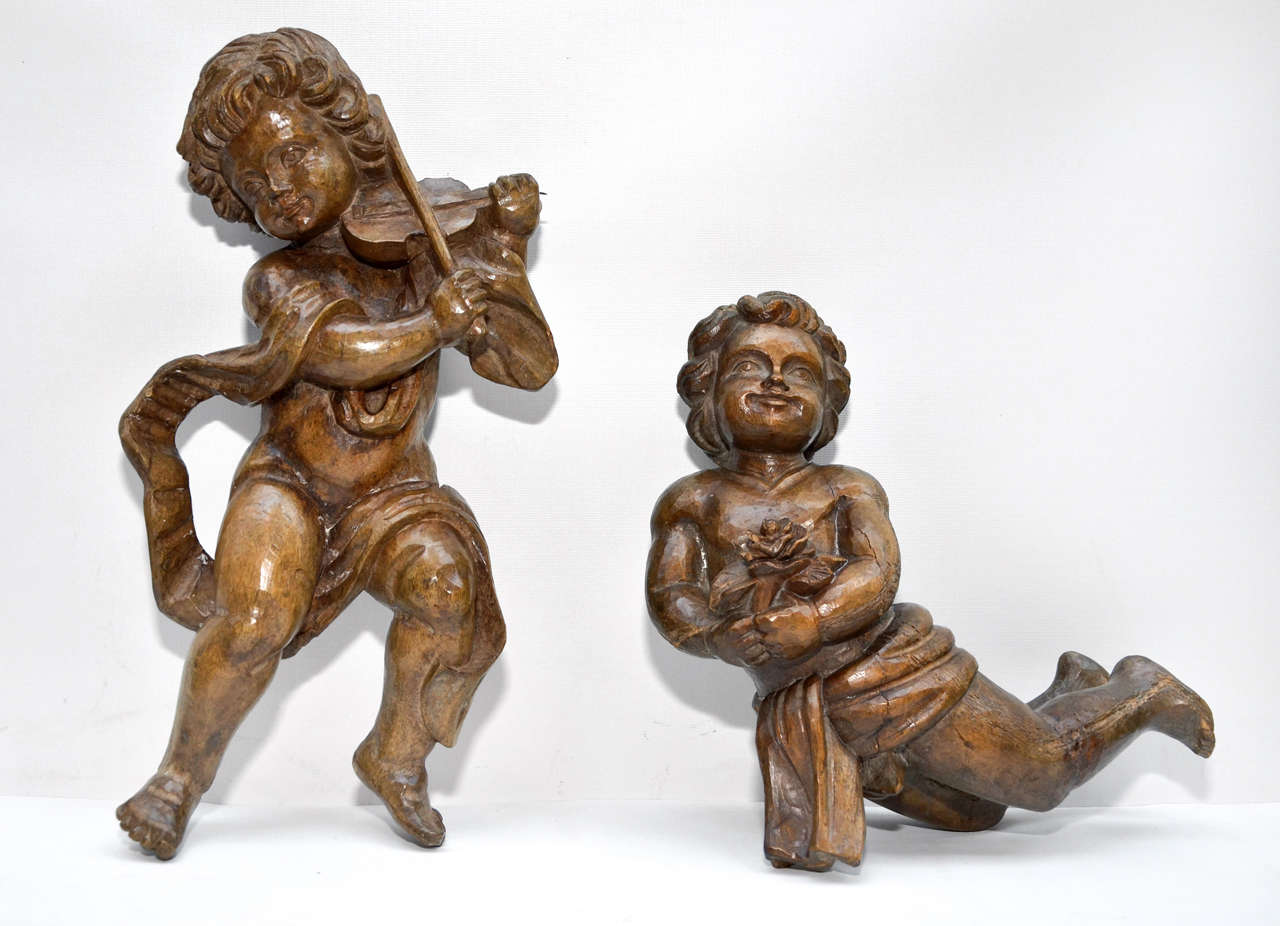 Pair Of Carved Wood Angels For Sale at 1stDibs