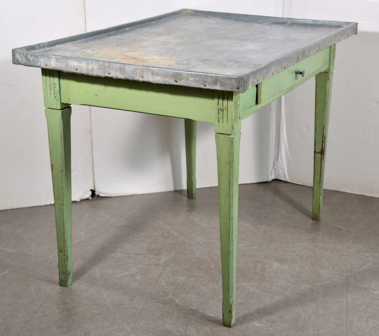 Painted Garden Table with a Dished Top Wrapped in Zinc