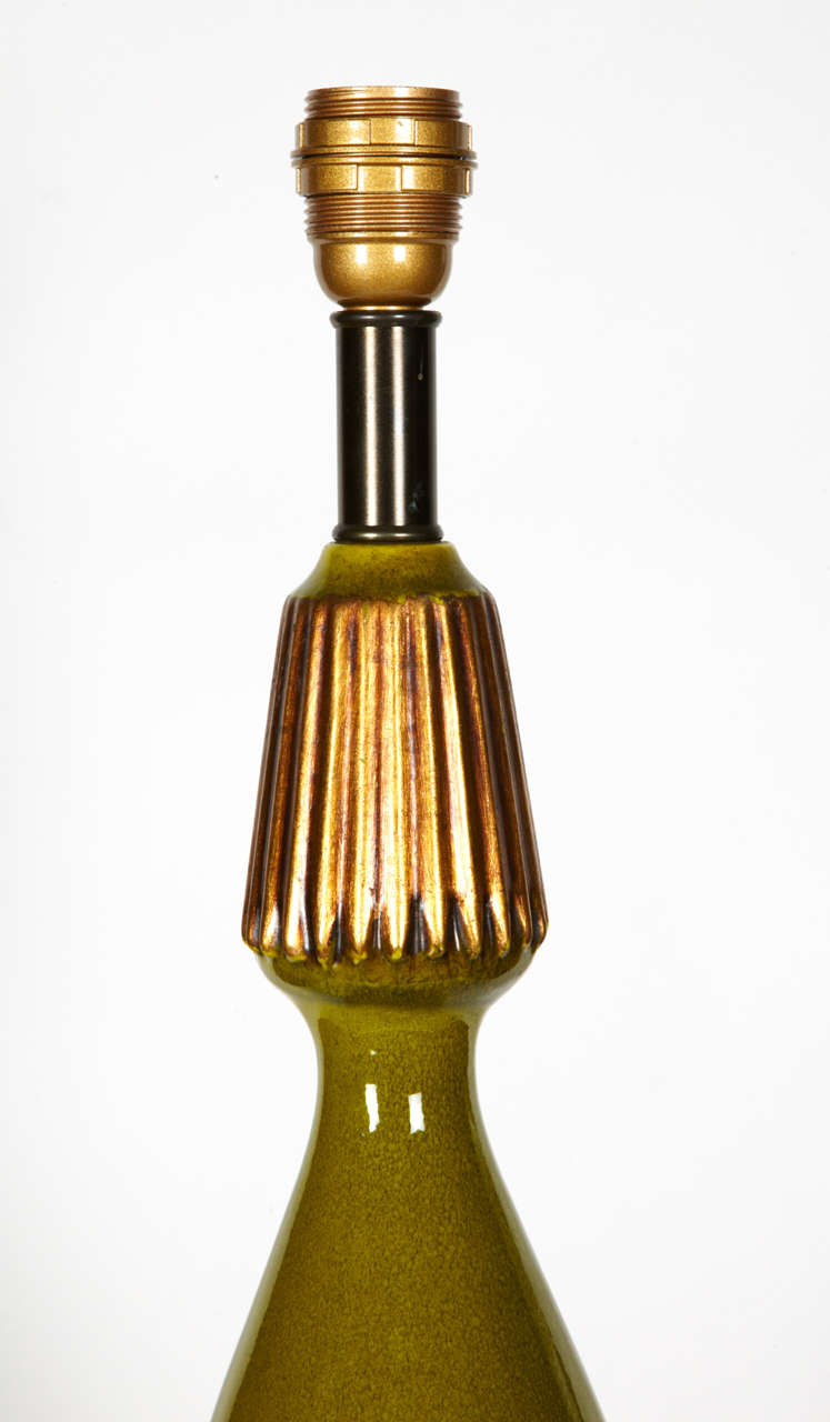 Late 20th Century Huge Green and Gold Ceramic Lamps For Sale
