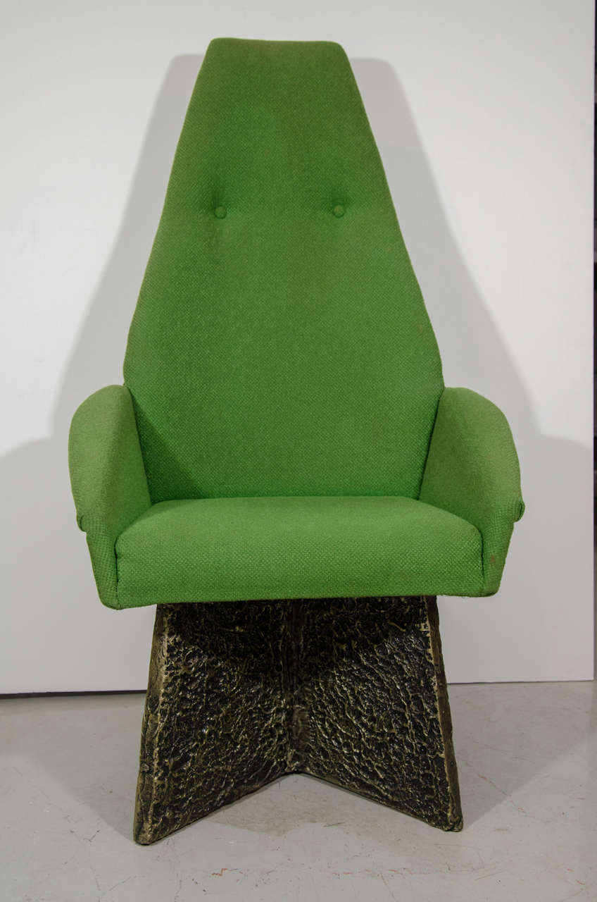 A set of four chairs, two are chairs and two side chairs (not pictured), in original green fabric with a textured resin base by Pearsall for Craft Associates.
