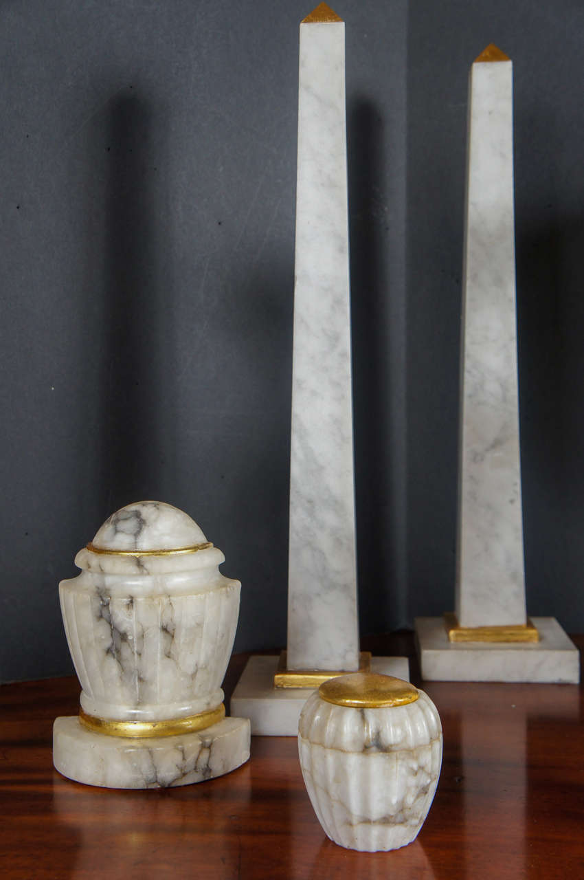 Neoclassical Revival Large Collection of Carved Marble and Water Gilded Decorative Objects