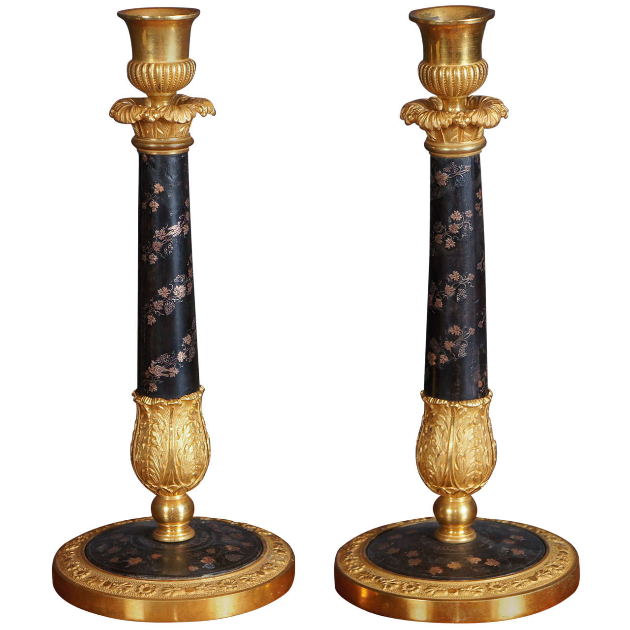 Charles X Gilt Bronze and Inlaid Lacquer Candle Sticks